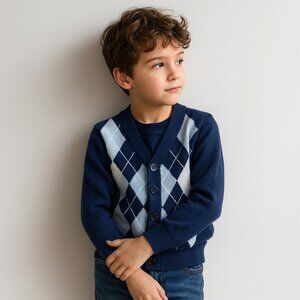 Argyle Cardigan Plaid Button Down Sweater  Long Sleeve Navy Blue White 7 Yr Old